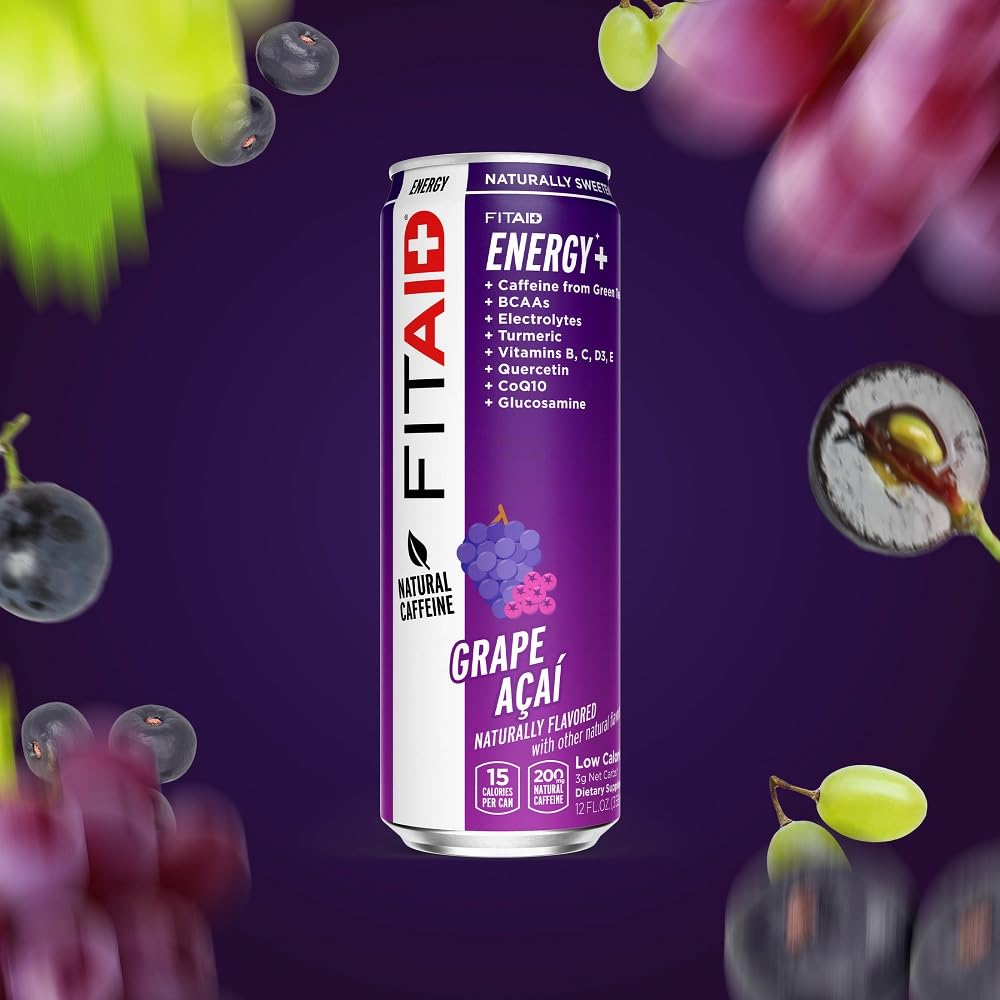 FITAID Energy Grape Acai can poured over ice in a glass.