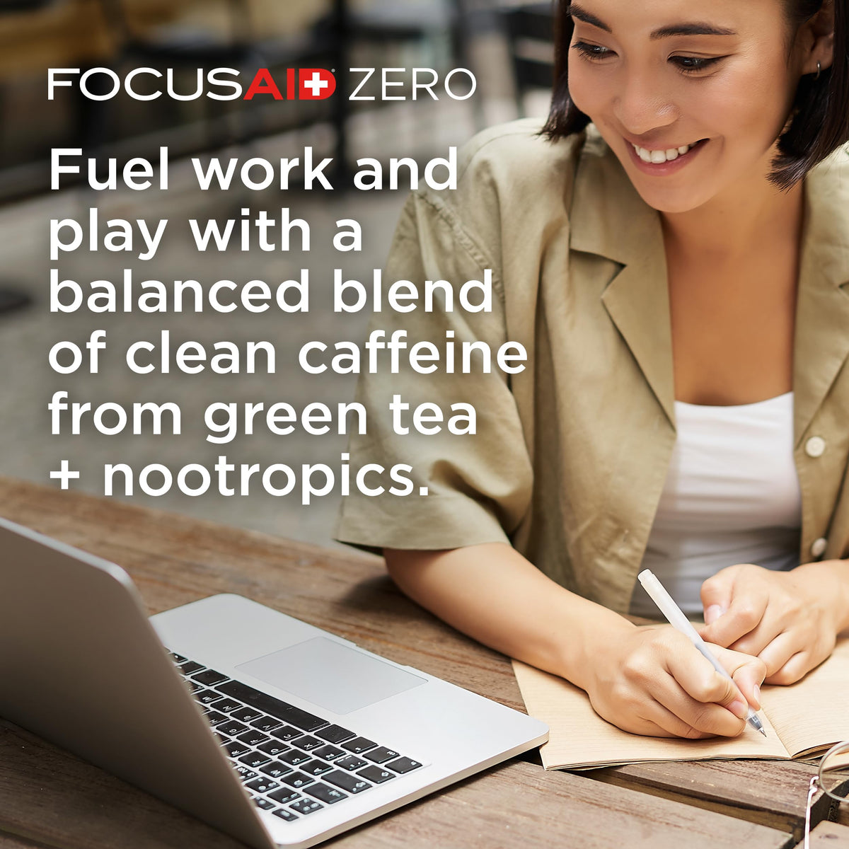 LIFEAID FocusAid Zero Sugar bottle close-up showing caffeine from green tea and yerba mate.