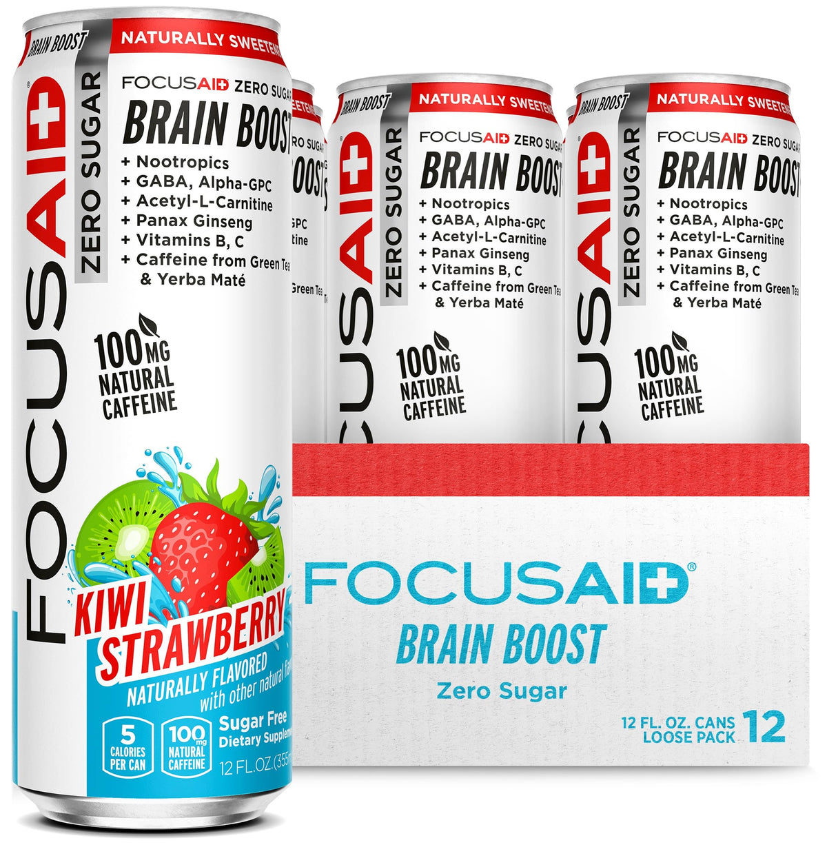 LIFEAID FocusAid Zero Sugar can in strawberry-kiwi flavor for clean focus.