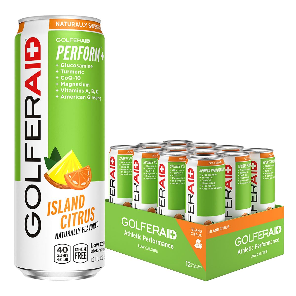 LIFEAID GOLFERAID bottle close-up shows island citrus flavor for pre-round hydration.