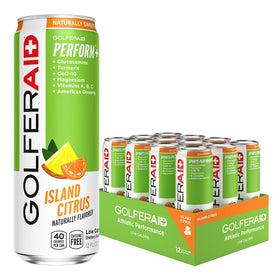 LIFEAID GOLFERAID bottle close-up shows island citrus flavor for pre-round hydration.