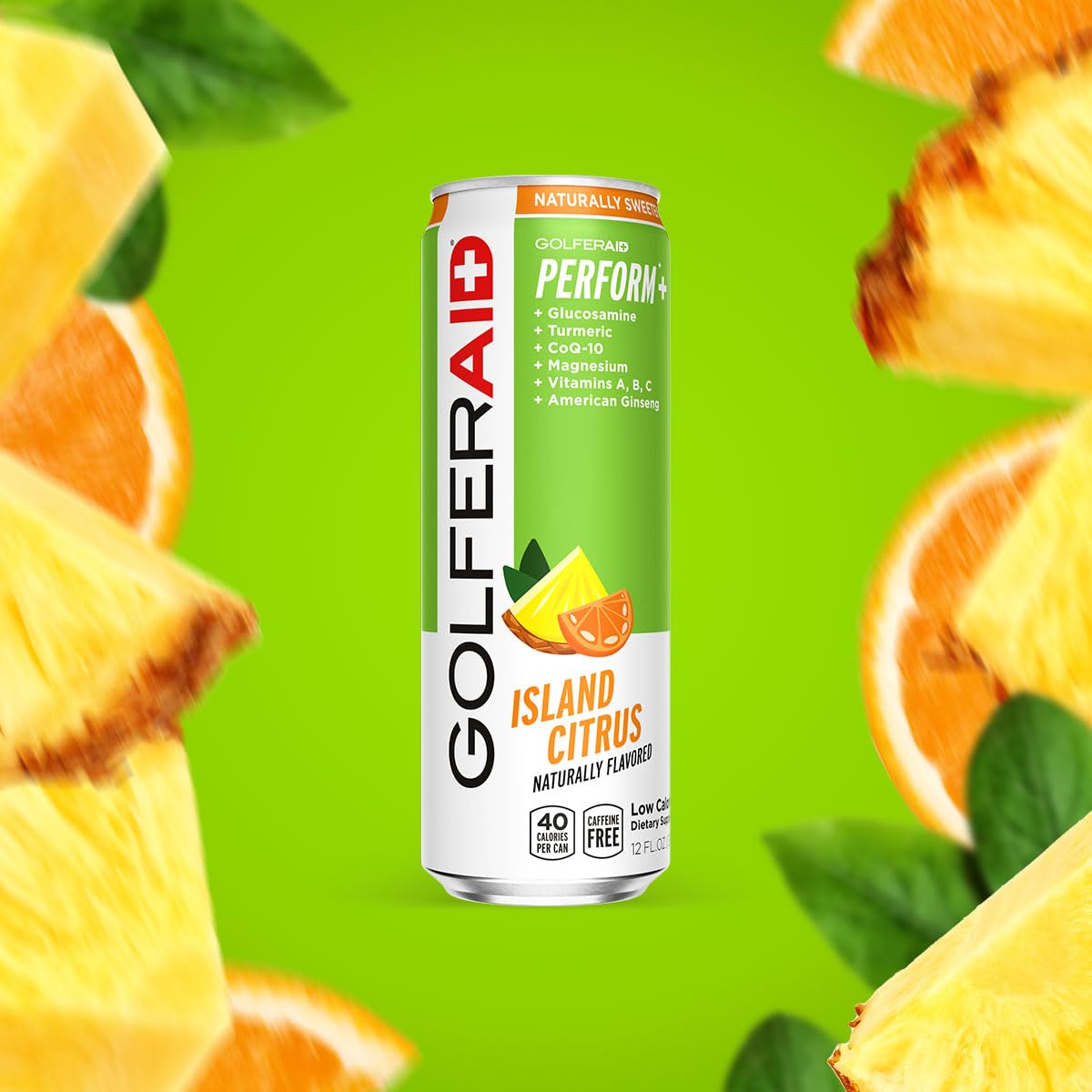LIFEAID GOLFERAID island citrus flavor on can signals clean hydration on the green.