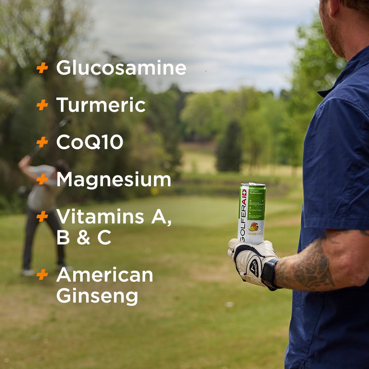 LIFEAID GOLFERAID ready-to-drink can shown during tee time.
