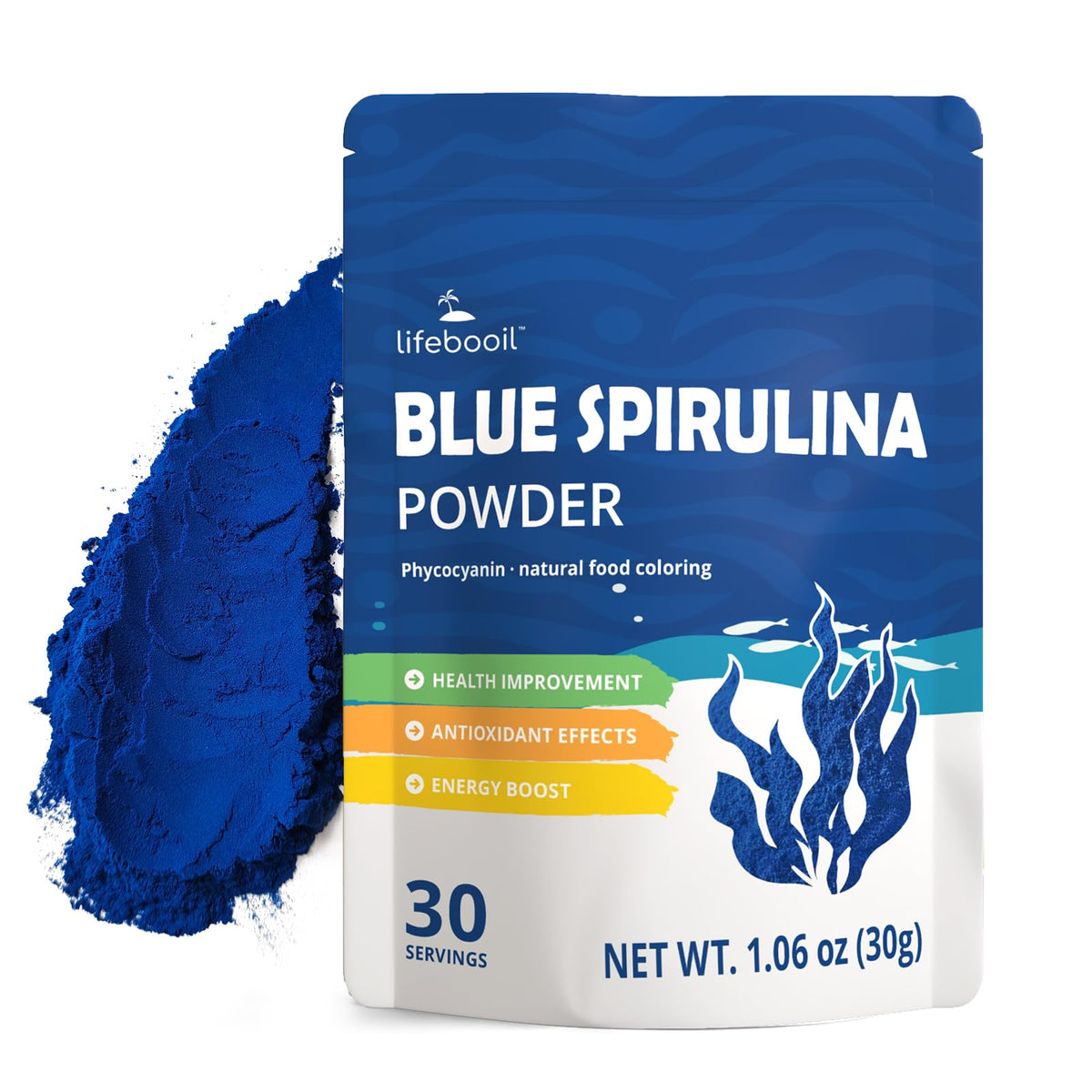 Lifebooil Blue Spirulina Powder jar shows vibrant blue color for natural coloring