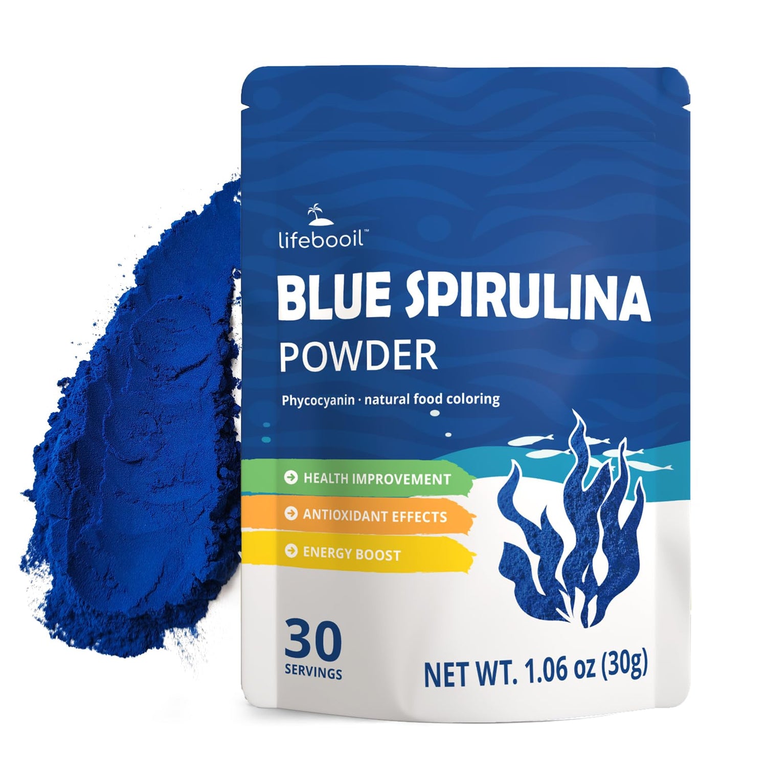 Lifebooil Blue Spirulina Powder jar shows vibrant blue color for natural coloring