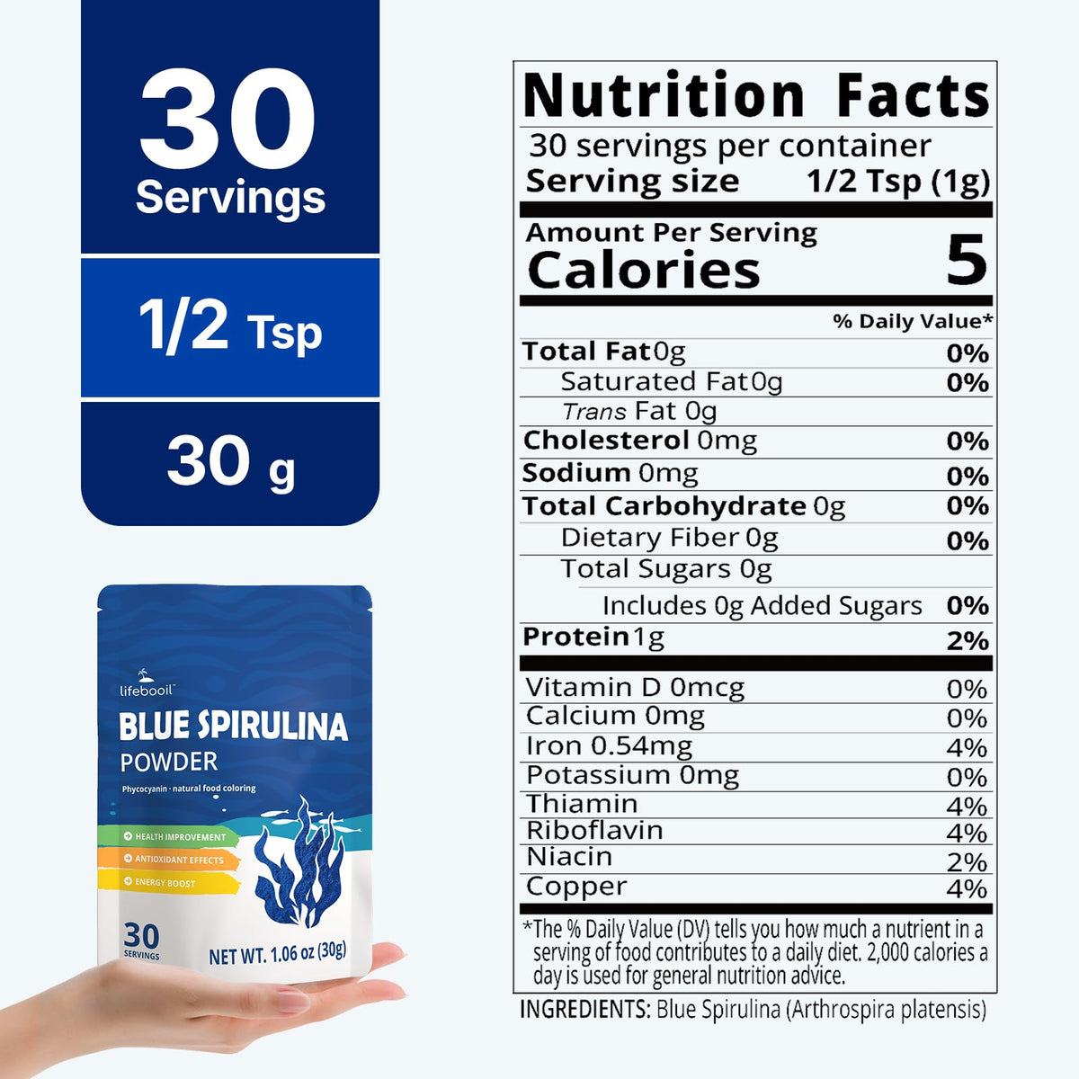 Lifebooil Blue Spirulina Powder spoon ready to mix into drinks