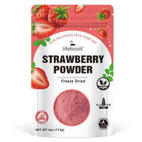 Lifebooil Freeze Dried Strawberry Powder 4oz bottle for baking and smoothies.