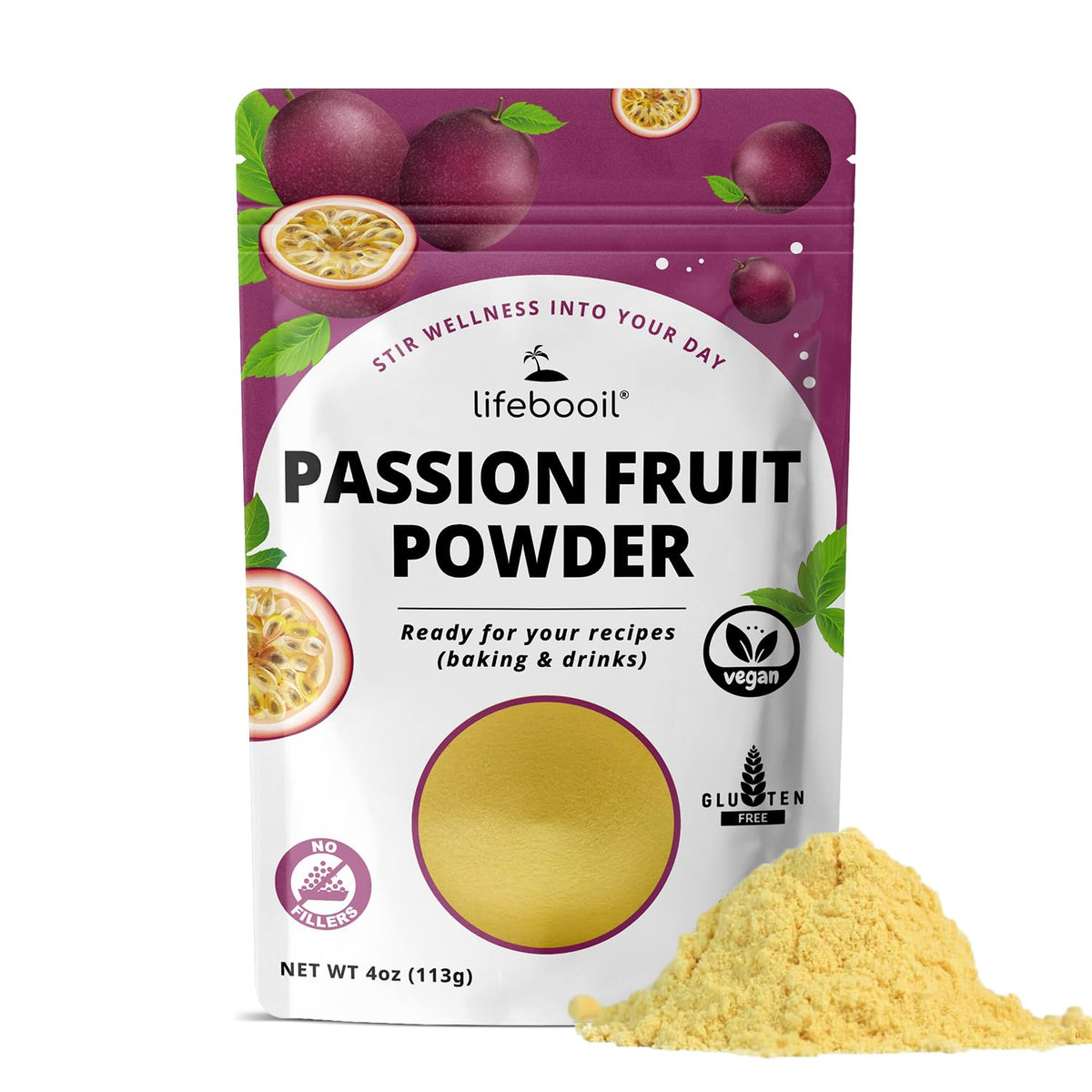 Lifebooil Passion Fruit Powder bottle shows pure flavor for baking and drinks