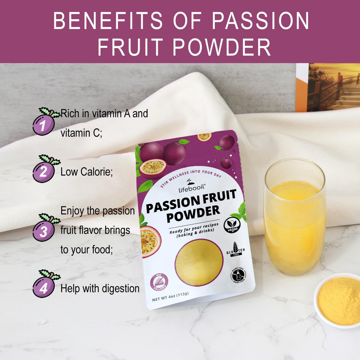 Lifebooil Passion Fruit Powder serving scoop for quick recipe boosts