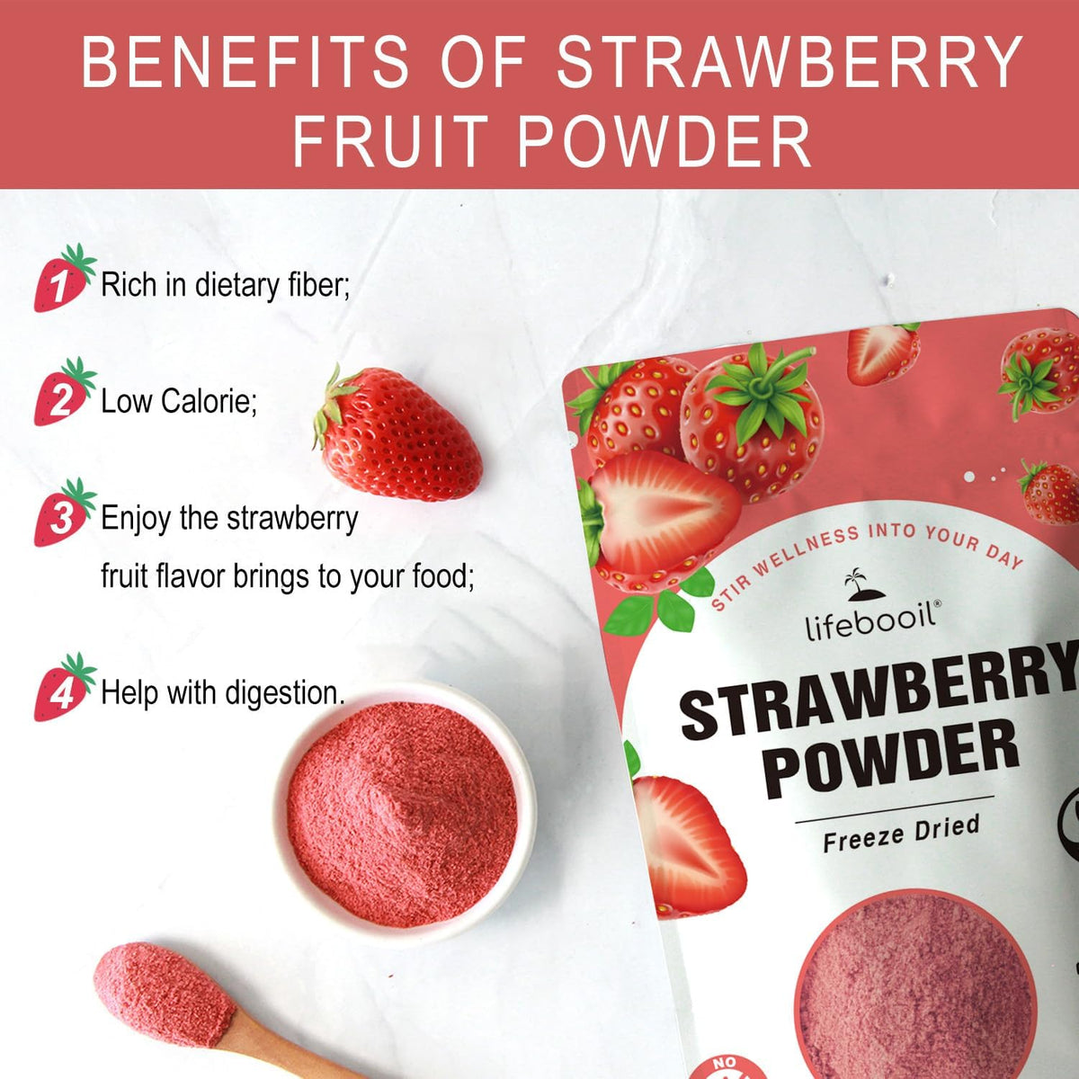 Lifebooil strawberry powder closeup reveals fine texture ideal for baking and drinks.