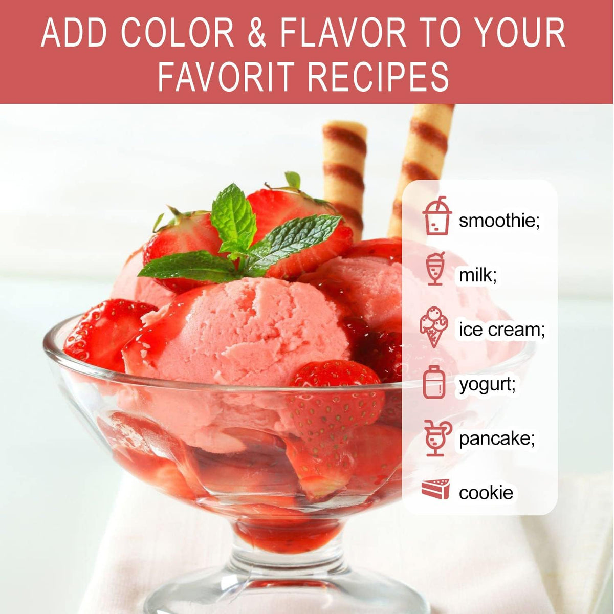 Lifebooil Strawberry Powder in a smoothie glass offers convenient flavor and color.