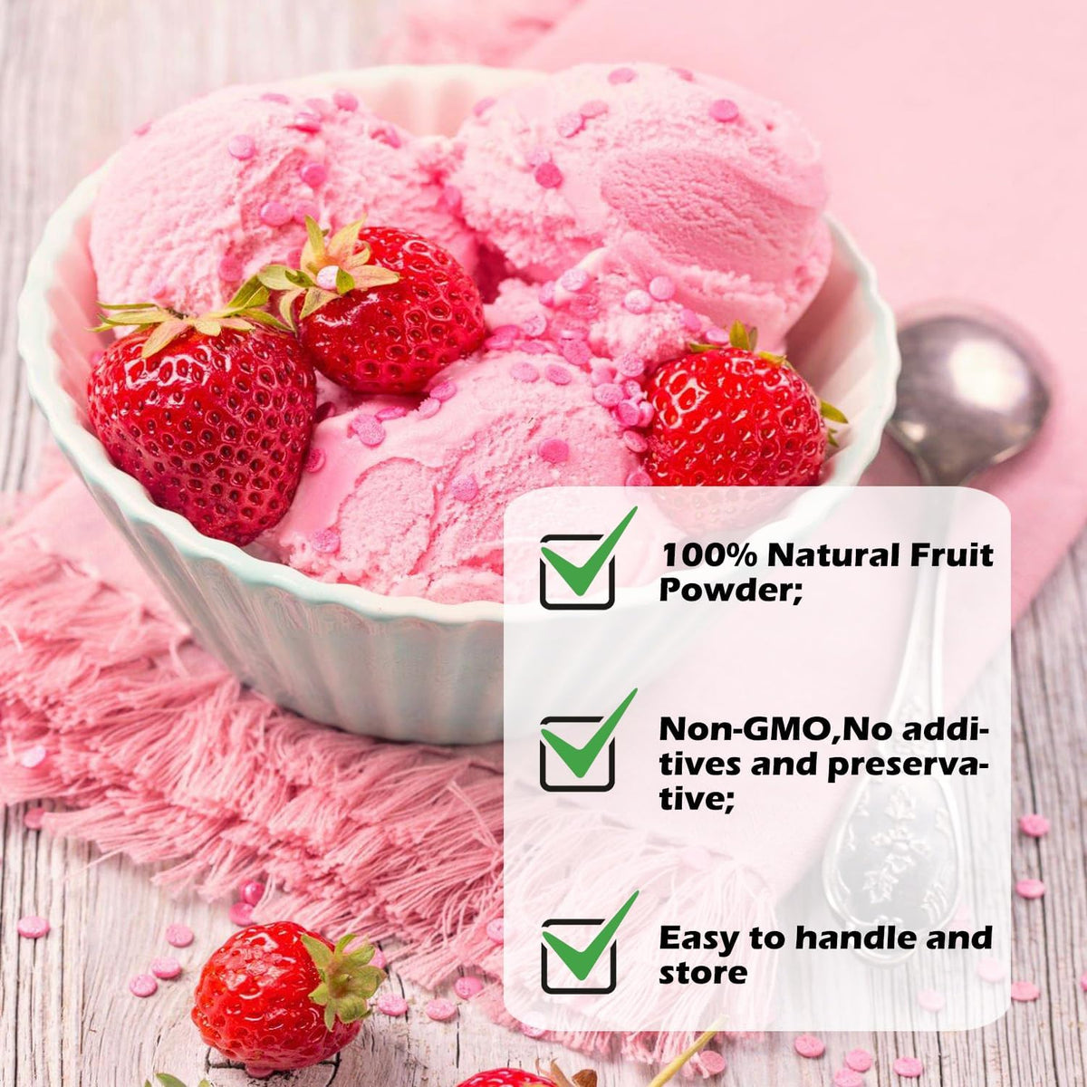Lifebooil strawberry powder texture closeup shows fine granules ready to mix.