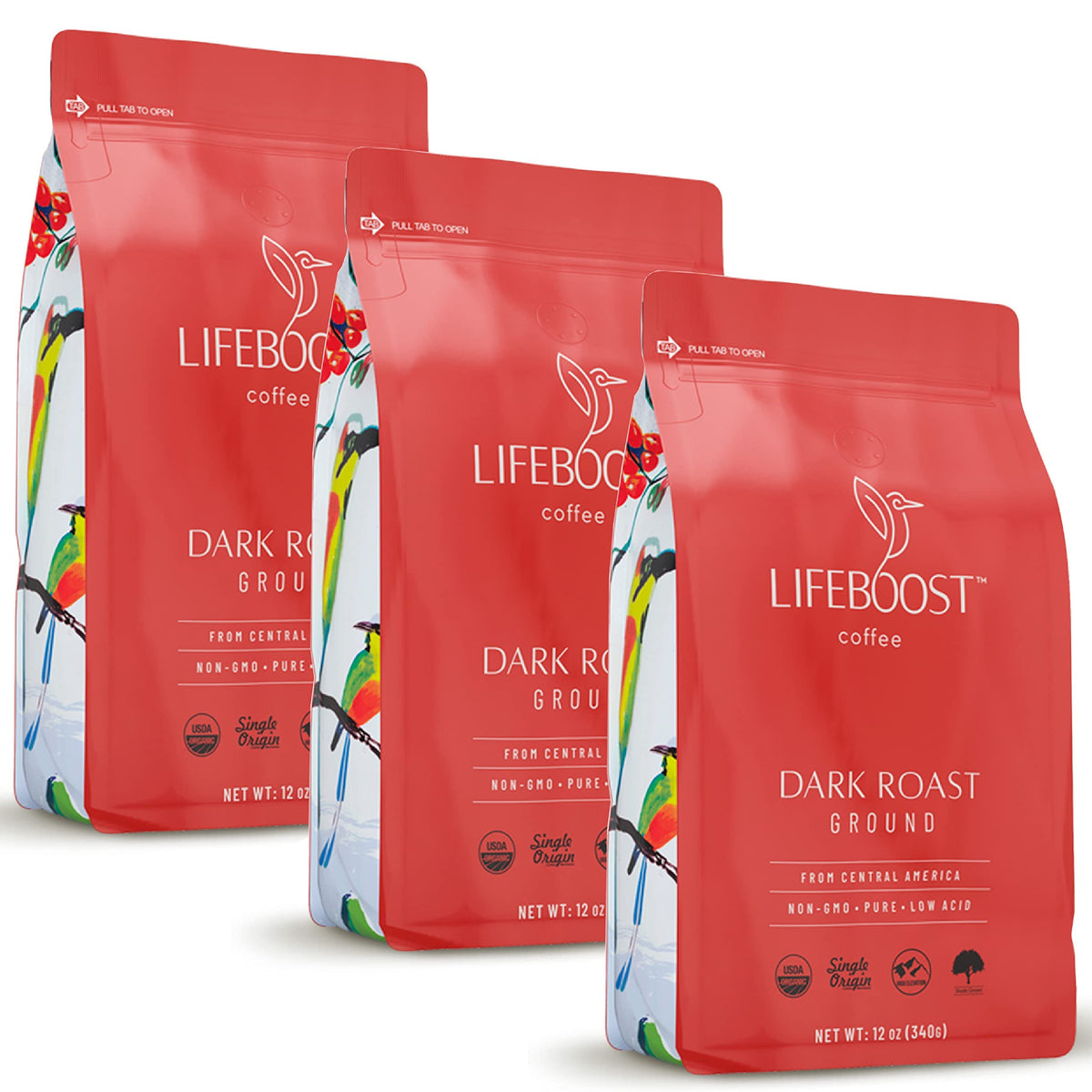 LIFEBOOST 3-pack dark roast ground coffee front view for a low-acid brew.