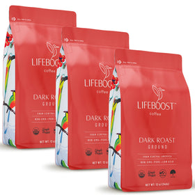 LIFEBOOST 3-pack dark roast ground coffee front view for a low-acid brew.