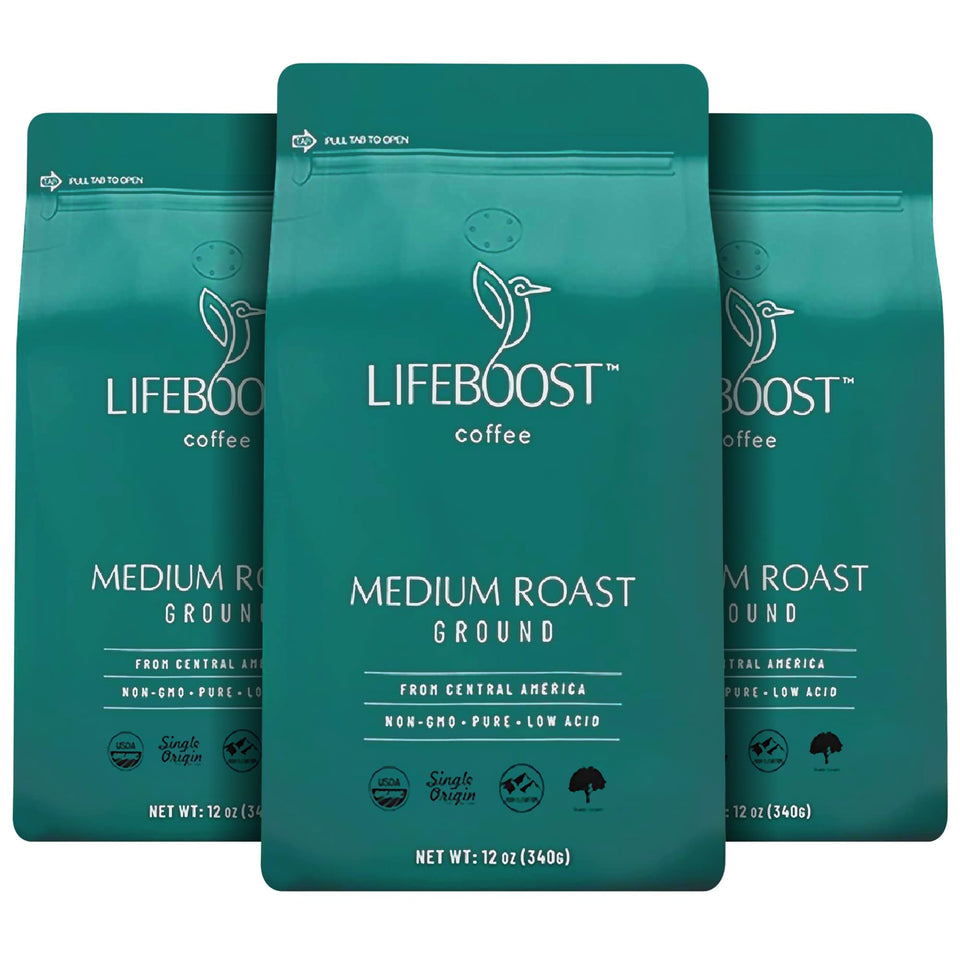 LifeBoost Lifeboost 3-pack front view shows organic, low-acid ground coffee.