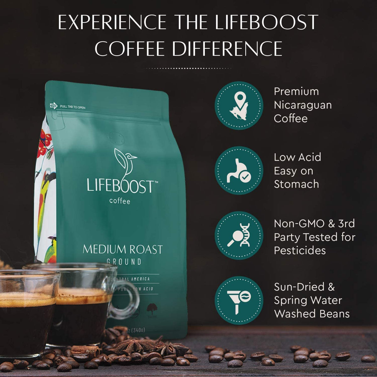 LifeBoost Lifeboost mountain farm scene conveys ethical sourcing and high-elevation taste.