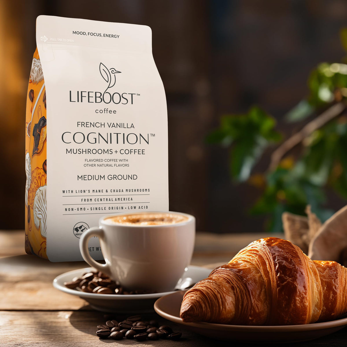 Lifeboost coffee bag close-up highlighting rich aroma and vanilla notes