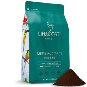 Lifeboost Coffee Ground Medium Roast packaging highlights organic certification and ethical sourcing.