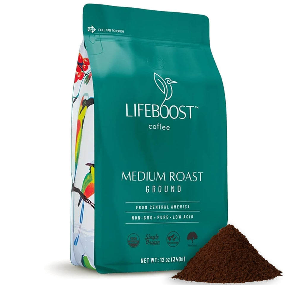 Lifeboost Coffee Ground Medium Roast packaging highlights organic certification and ethical sourcing.