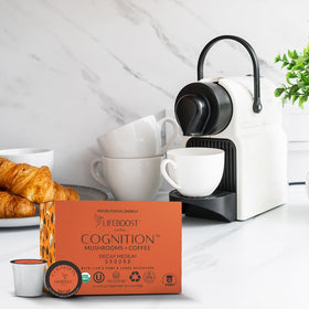 Lifeboost Cognition Chaga close-up highlighting immune-supporting antioxidants in every cup.