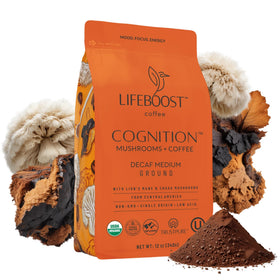 Lifeboost Cognition Decaf coffee pack front displaying branding and packaging for a smooth, low-acid morning.