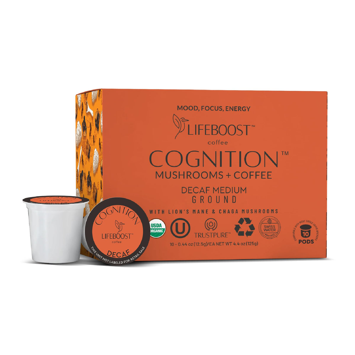 Lifeboost Cognition decaf mushroom coffee pod for smooth, low-acid flavor and caffeine-free focus.