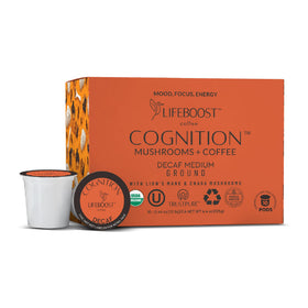 Lifeboost Cognition decaf mushroom coffee pod for smooth, low-acid flavor and caffeine-free focus.