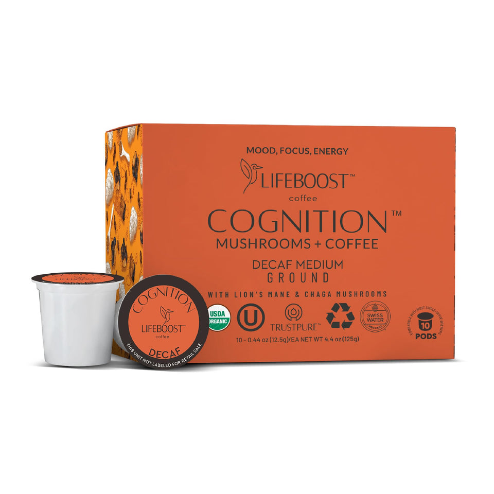 Lifeboost Cognition decaf mushroom coffee pod for smooth, low-acid flavor and caffeine-free focus.