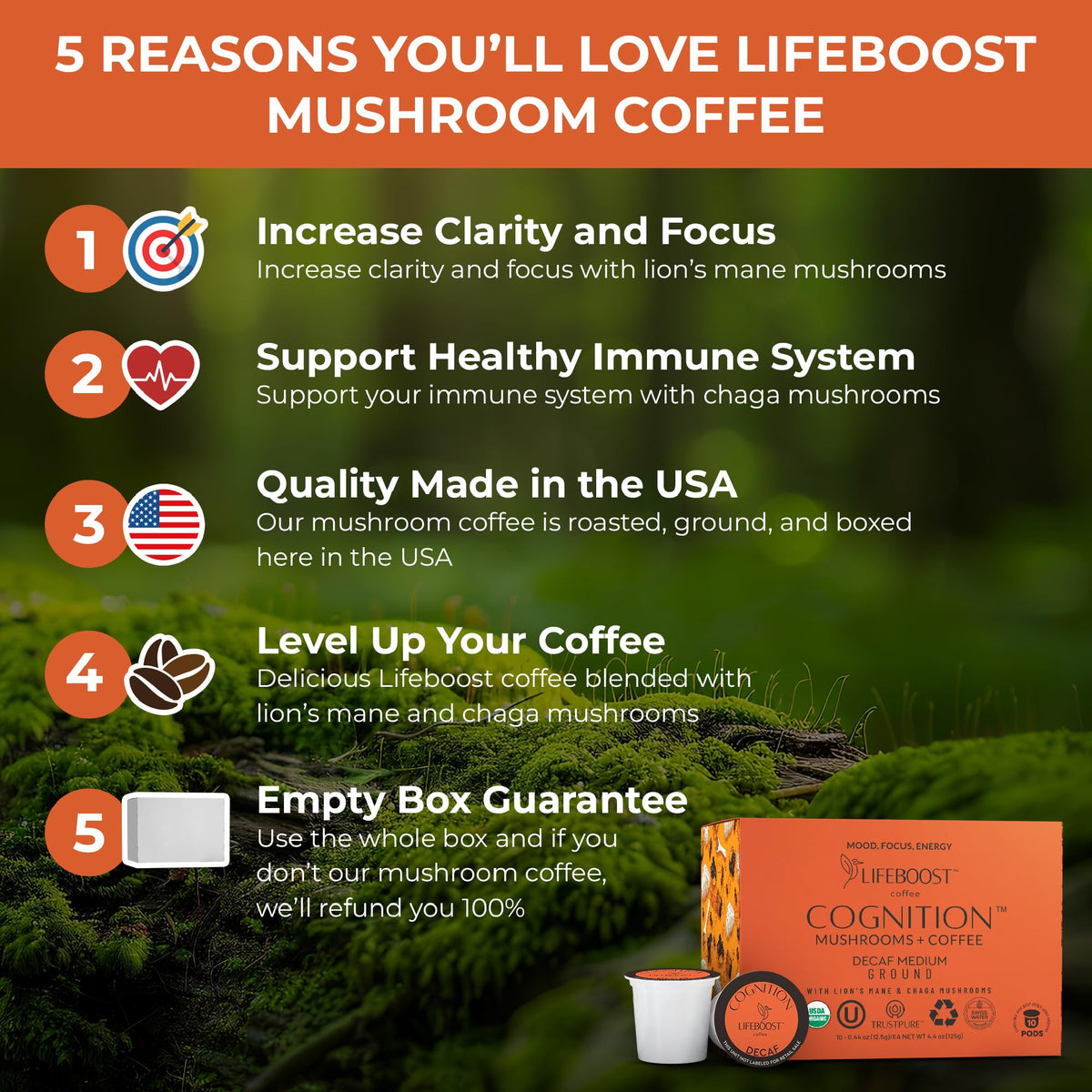 Lifeboost Cognition Lions Mane close-up enhances mental clarity without caffeine jitters.