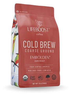 Lifeboost dark cold brew coffee pack, organic single-origin beans for smooth, low-acid cold brew.