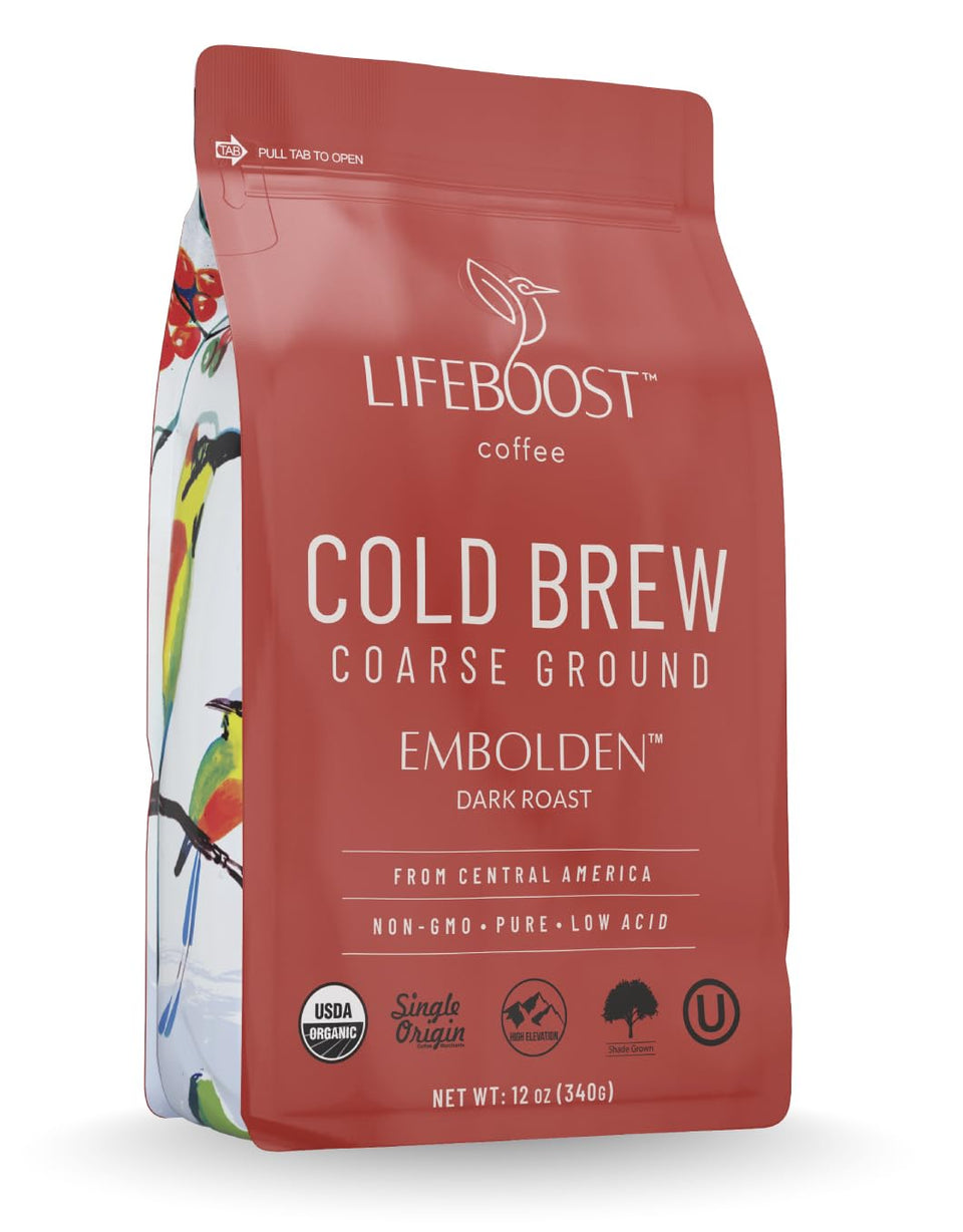 Lifeboost dark cold brew coffee pack, organic single-origin beans for smooth, low-acid cold brew.