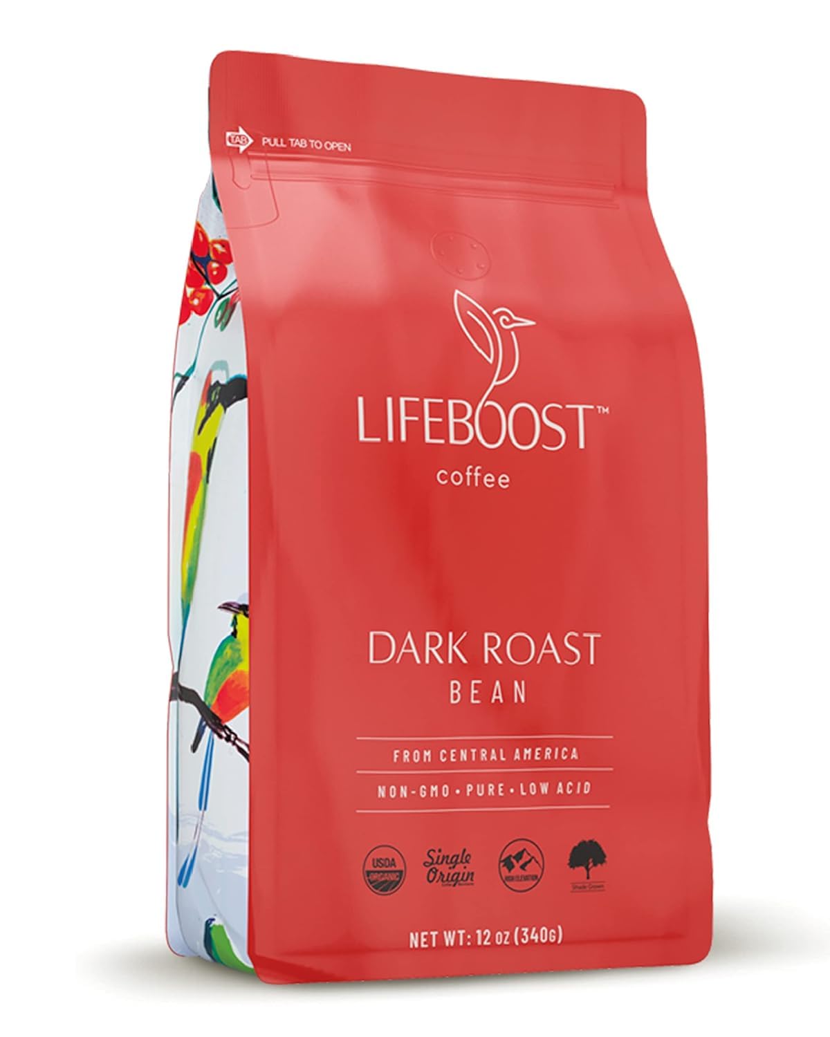 Lifeboost Dark Organic Coffee Beans in a resealable bag; bold flavor, ethically sourced.