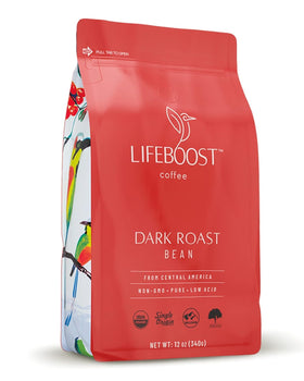 Lifeboost Dark Organic Coffee Beans in a resealable bag; bold flavor, ethically sourced.