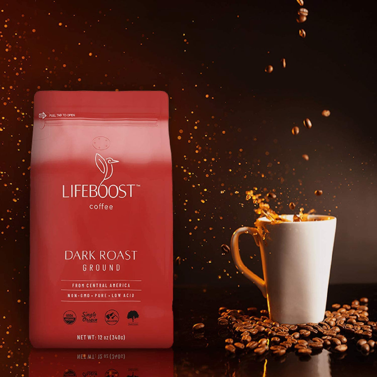 LIFEBOOST dark roast beans close-up highlighting rich color and aroma.