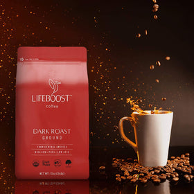 LIFEBOOST dark roast beans close-up highlighting rich color and aroma.