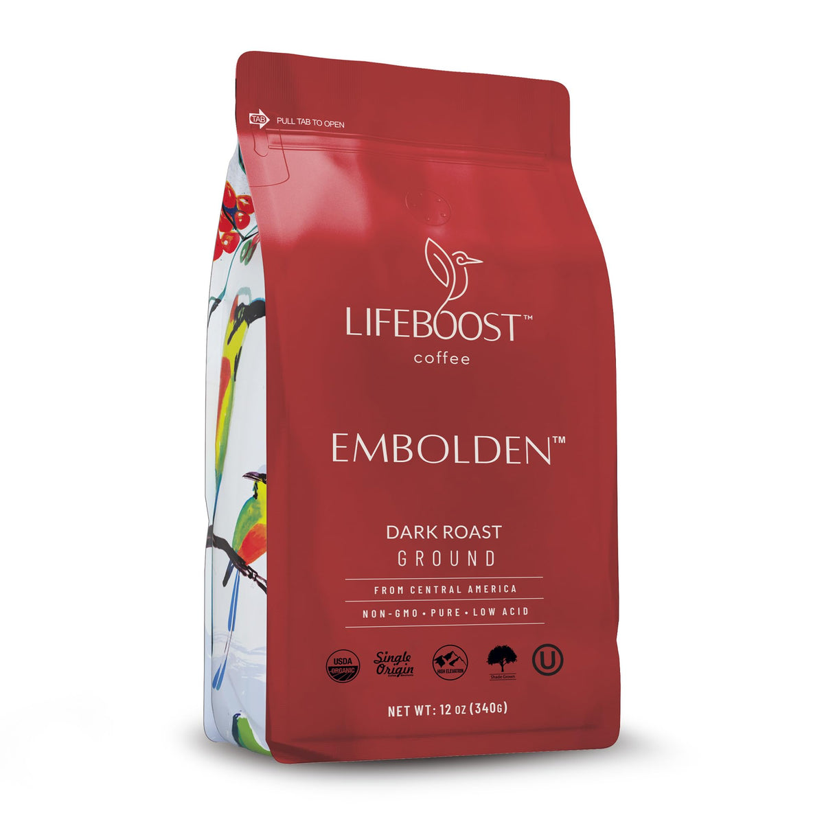Lifeboost Dark Roast Ground Coffee bag showing packaging for clean, flavorful brews