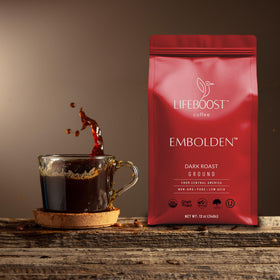 Lifeboost Dark Roast Ground Coffee close-up highlighting rich aroma and low acidity