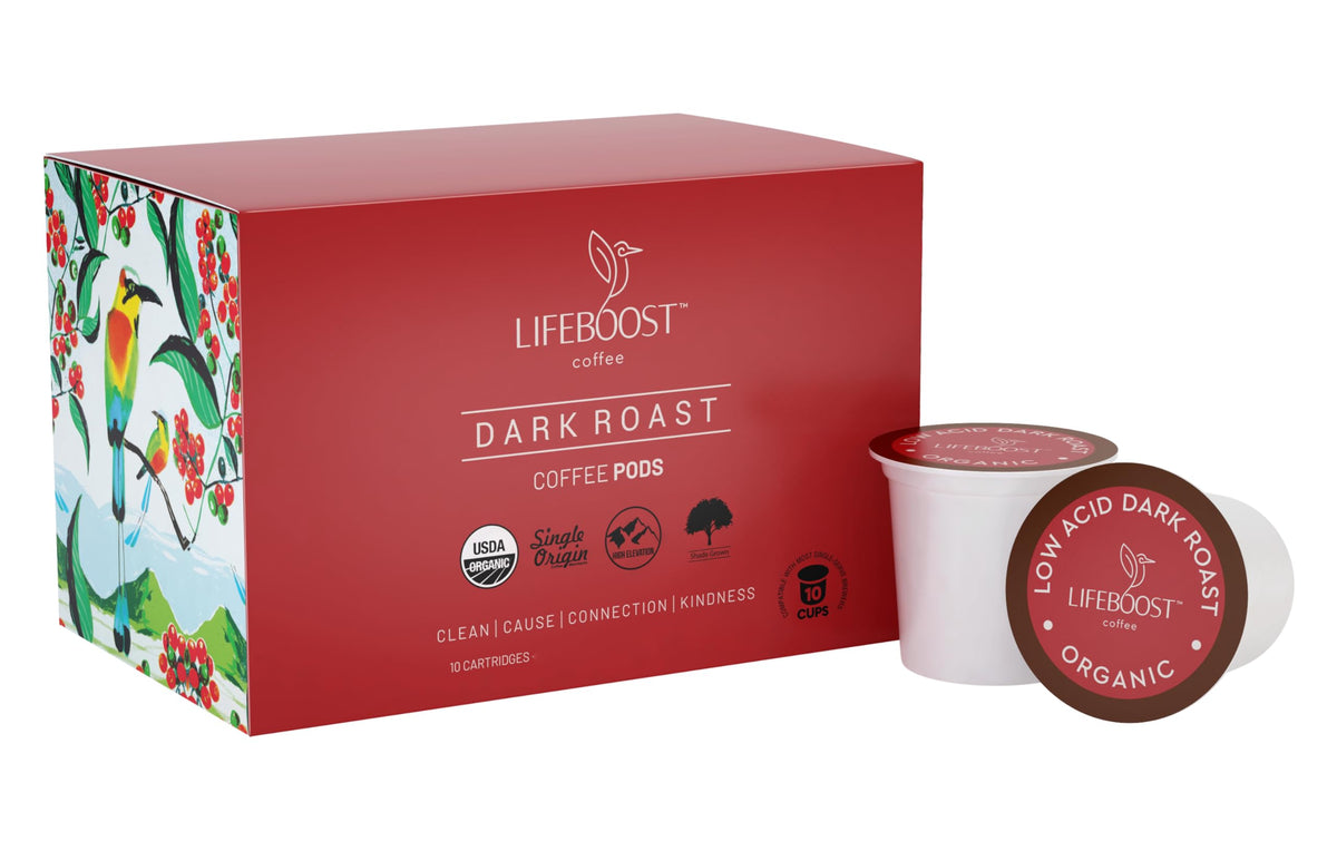 Lifeboost dark roast kcups front view showing packaging for convenient single serve coffee