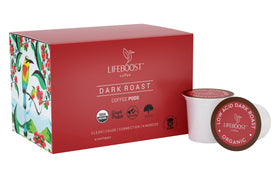 Lifeboost dark roast kcups front view showing packaging for convenient single serve coffee