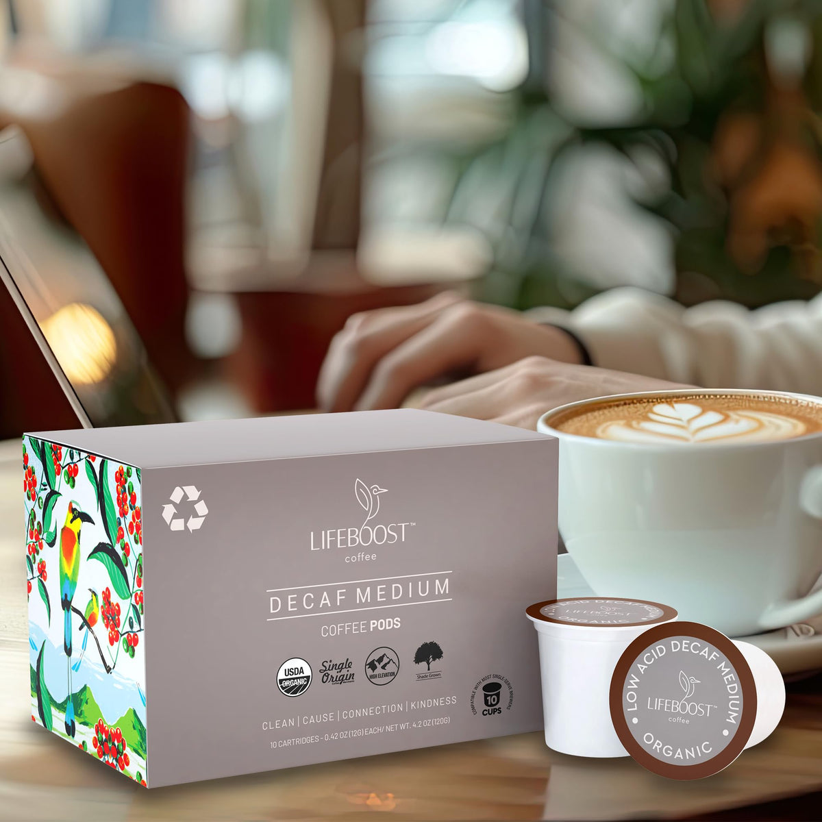 Lifeboost Decaf Coffee Mug Setup suggests daily ritual