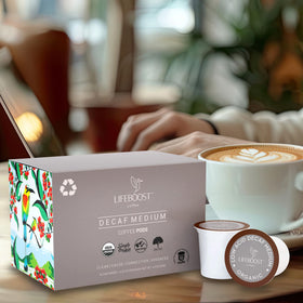 Lifeboost Decaf Coffee Mug Setup suggests daily ritual