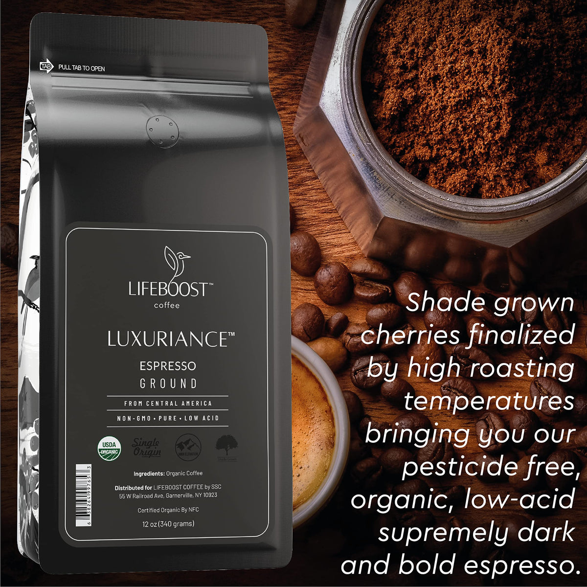 Lifeboost espresso ground coffee being poured, for smooth extraction and aroma