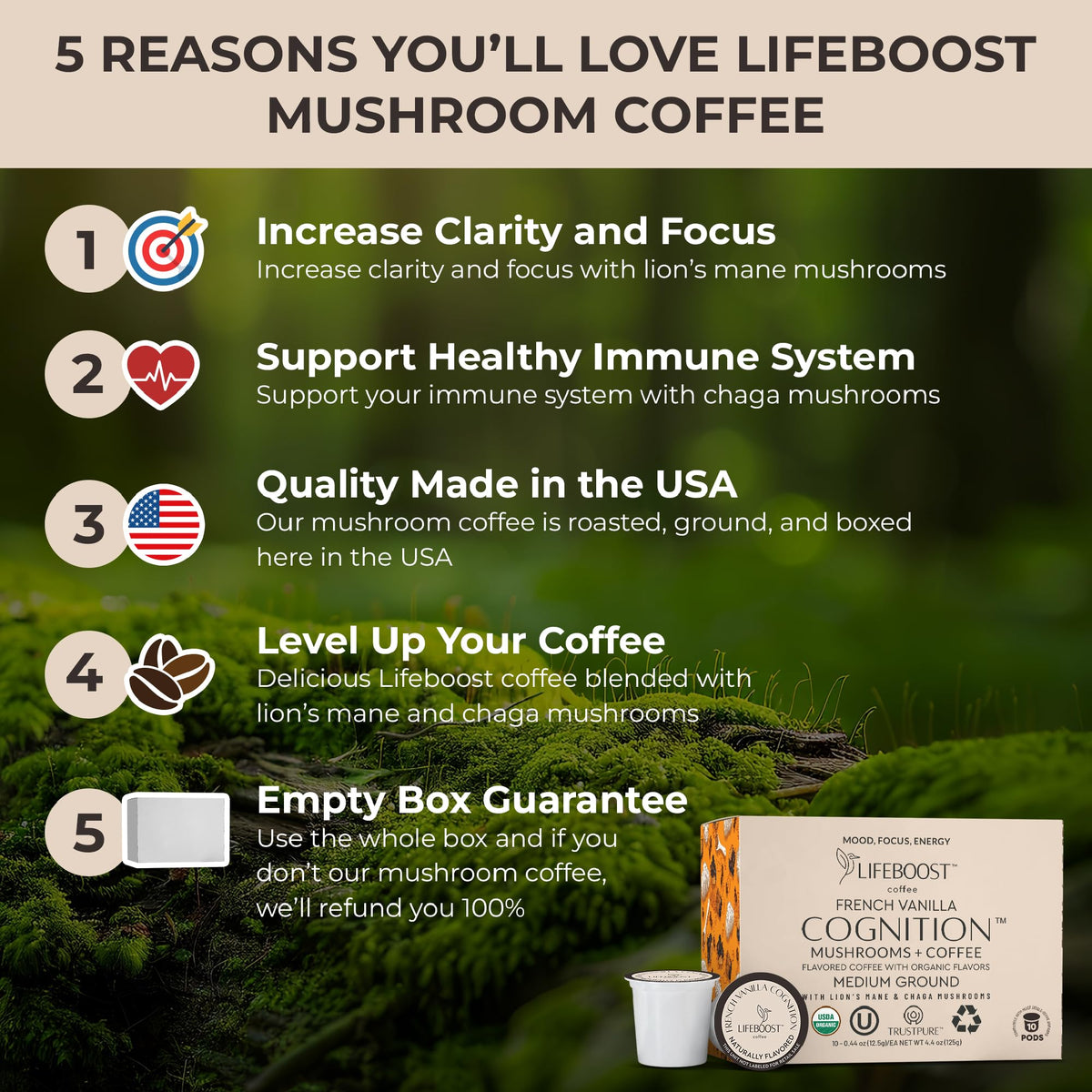 Lifeboost cognition pod brewed cup highlighting clear energy without jitters.