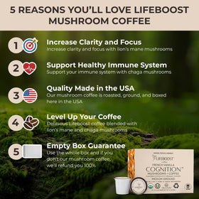 Lifeboost cognition pod brewed cup highlighting clear energy without jitters.
