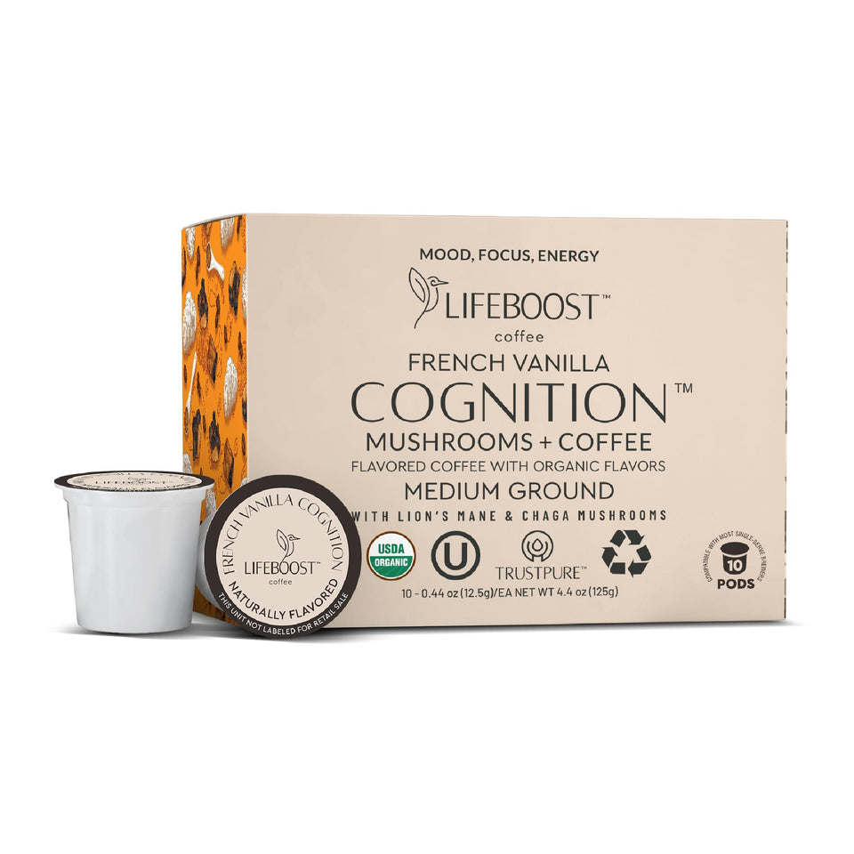 Lifeboost France Vanilla Cognition pod closeup for smooth, focus-friendly mornings.