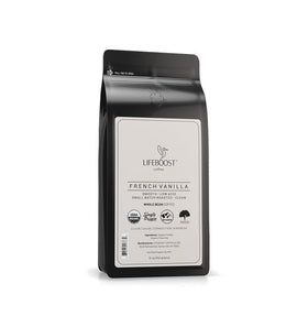 LIFEBOOST French Vanilla whole bean coffee ready to grind for a cozy morning.