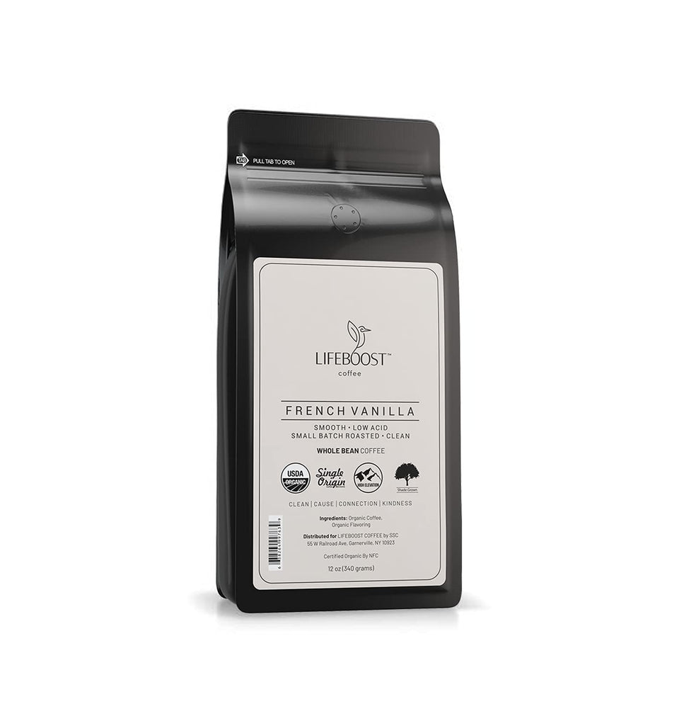 LIFEBOOST French Vanilla whole bean coffee ready to grind for a cozy morning.