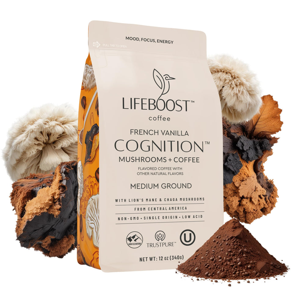 Lifeboost French Vanilla Cognition Coffee bag front with low-acid smoothness
