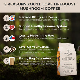 Lifeboost French Vanilla Cognition Coffee cup with inviting aroma and focus-friendly vibe