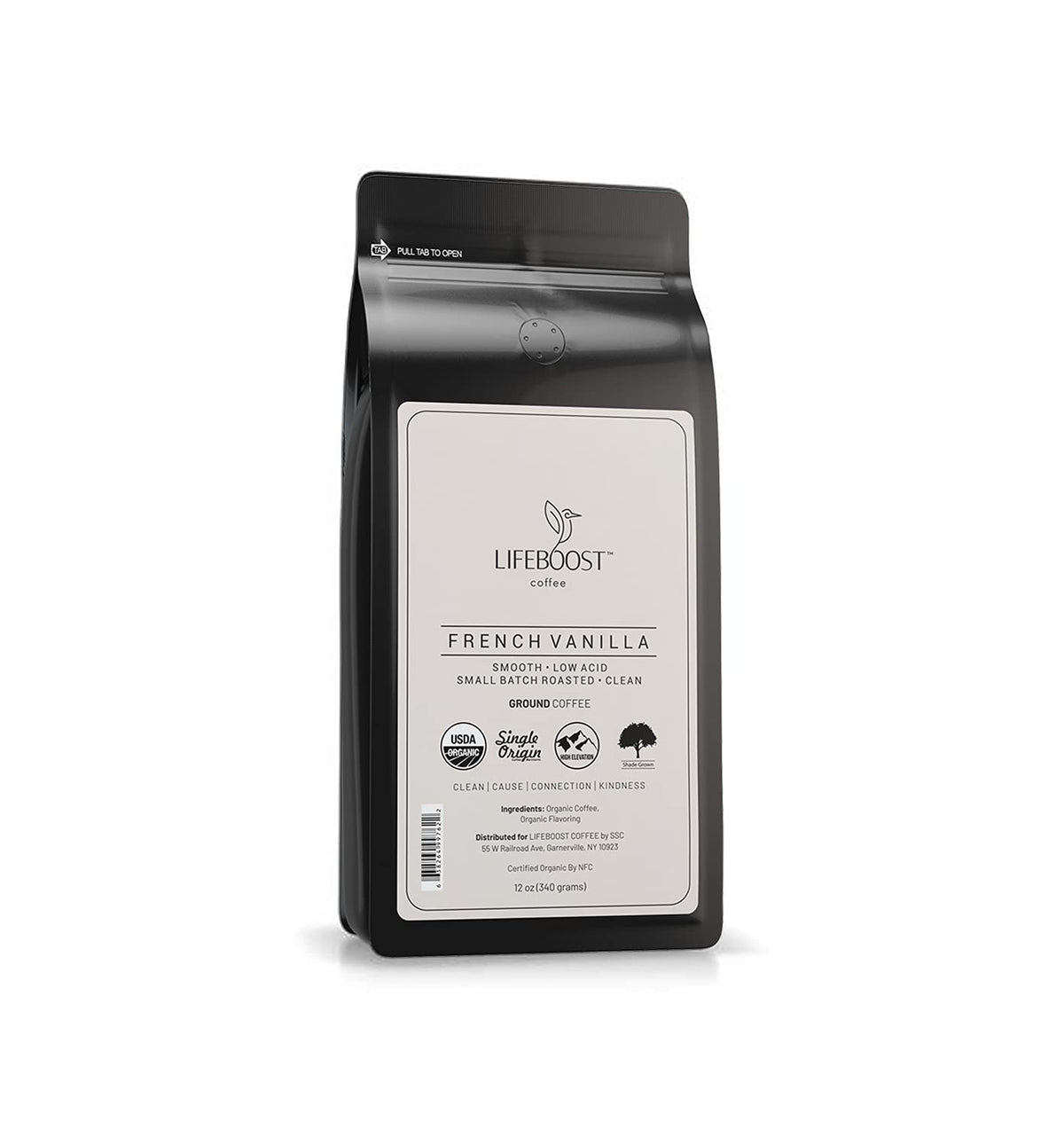 LIFEBOOST French Vanilla ground coffee bag showing premium organic beans and aroma